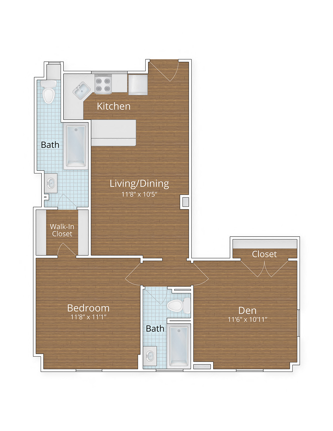 Floor plan for 1 bed, 2 baths, 790 sqft